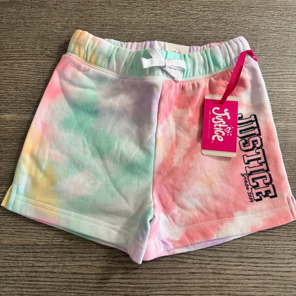 Justice Printed Fleece Sweat Shorts Girls S 7-8  Drawstring Tie-dye New